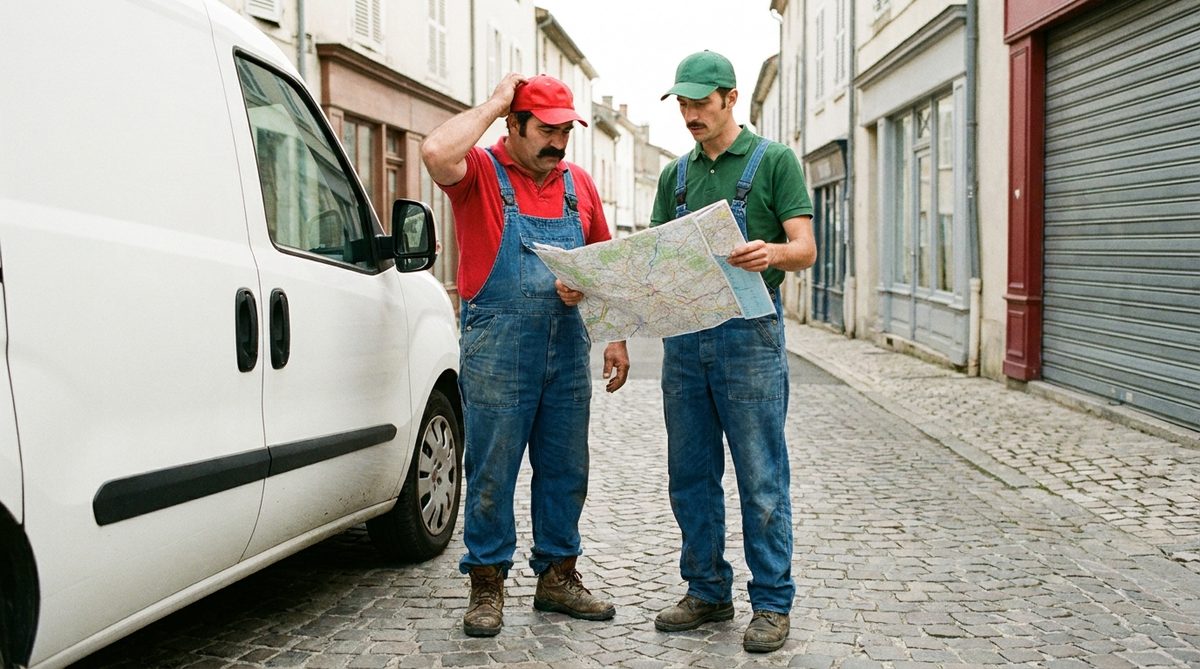 Pietro et Giovanni devant leur camionnette, carte routière à la main, ne savent pas où aller